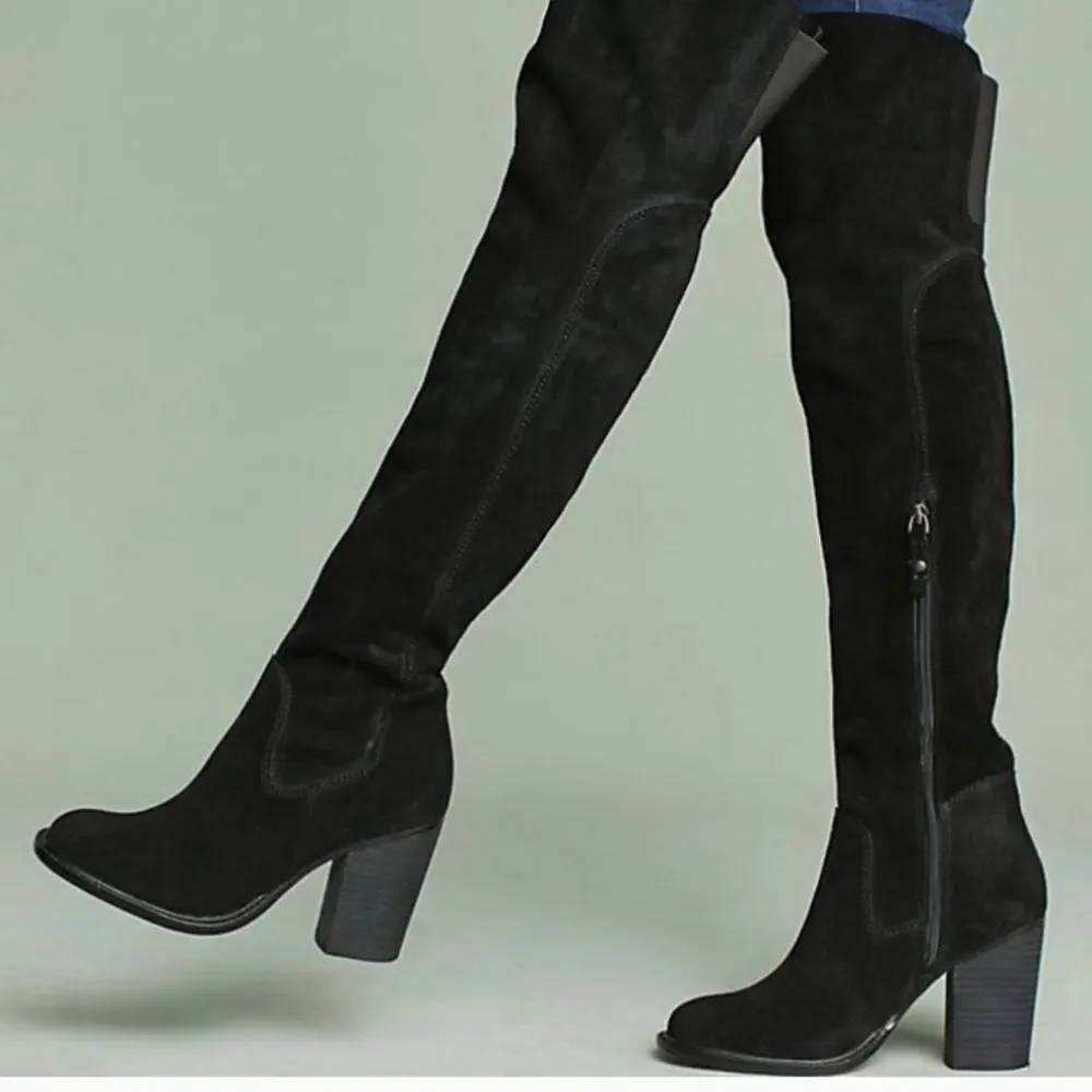Kelsi Dagger Brooklyn Logan Over The Knee Boots Black Suede Stacked Heel Sz 9.5